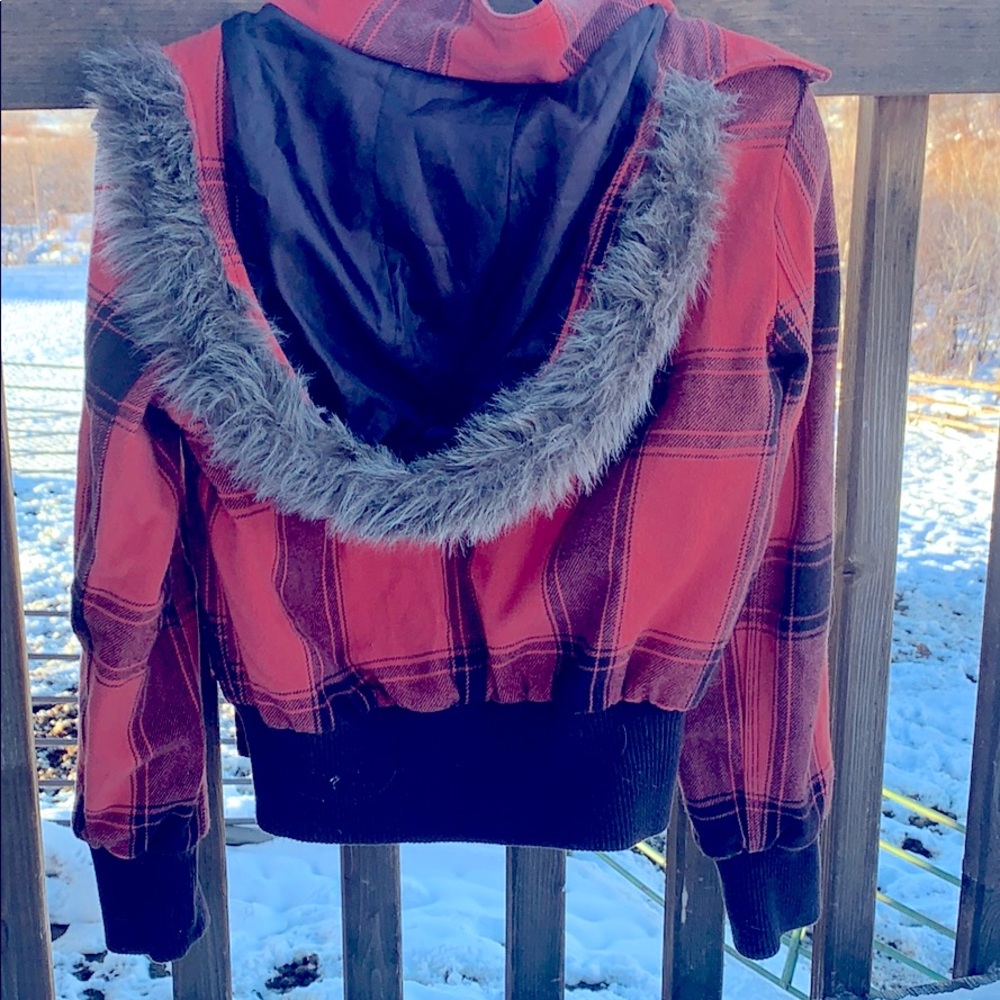 Plaid (orange and brown)faux fur hooded zip up.